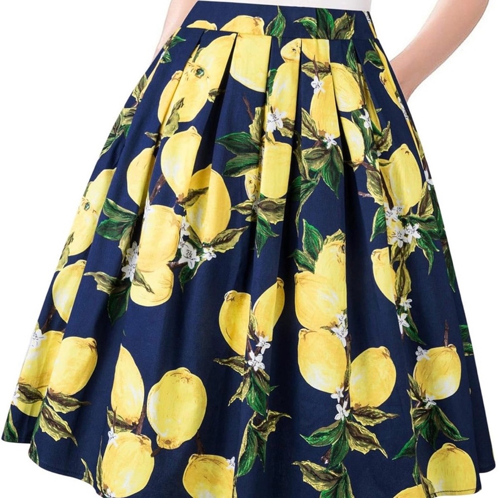 Navy Lemon Print A-Line Skirt Sz L Cotton Mediterranean Amalfi Coast Retro 50s - Picture 2 of 7